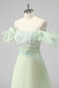 Load image into Gallery viewer, A Line Light Green Off The Shoulder Sequins Wedding Guest Dress