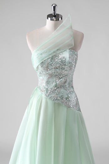 Light Green Sequins A Line Strapless Ruched Wedding Guest Dress