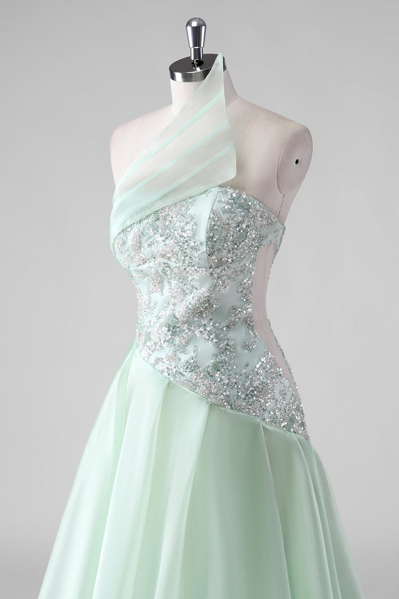 Load image into Gallery viewer, Light Green Sequins A Line Strapless Ruched Wedding Guest Dress