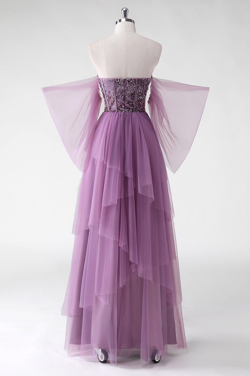 Load image into Gallery viewer, A Line Off The Shoulder Purple Sequins Wedding Guest Dress