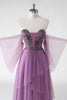 Load image into Gallery viewer, A Line Off The Shoulder Purple Sequins Wedding Guest Dress