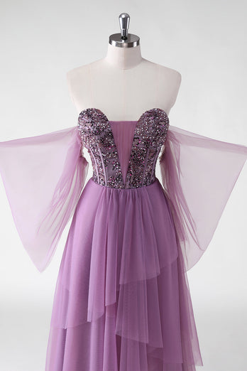 A Line Off The Shoulder Purple Sequins Wedding Guest Dress