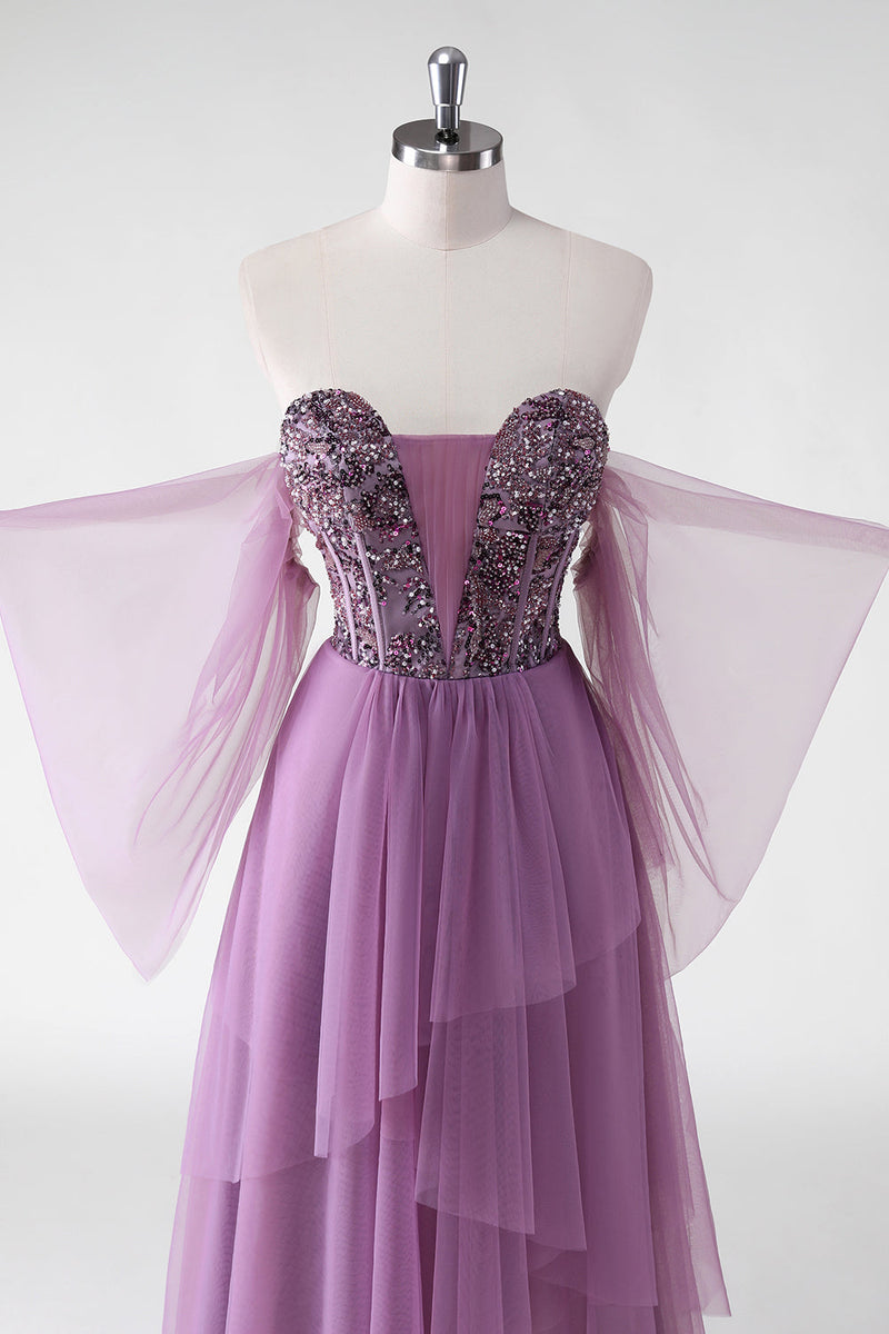 Load image into Gallery viewer, A Line Off The Shoulder Purple Sequins Wedding Guest Dress