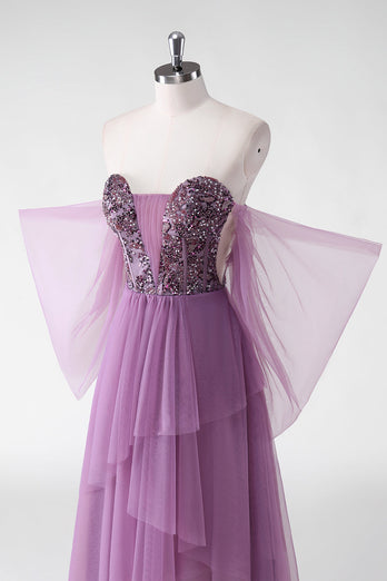 A Line Off The Shoulder Purple Sequins Wedding Guest Dress