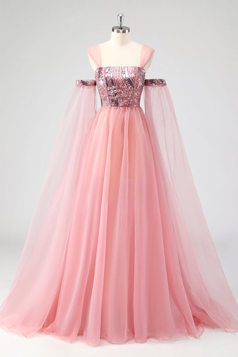 Load image into Gallery viewer, A Line Pink Cape Sleeves Off The Shoulder Sequins Formal Dress