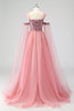 Load image into Gallery viewer, A Line Pink Cape Sleeves Off The Shoulder Sequins Formal Dress