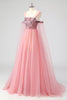 Load image into Gallery viewer, A Line Pink Cape Sleeves Off The Shoulder Sequins Formal Dress