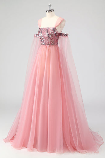 A Line Pink Cape Sleeves Off The Shoulder Sequins Formal Dress