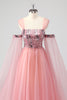 Load image into Gallery viewer, A Line Pink Cape Sleeves Off The Shoulder Sequins Formal Dress