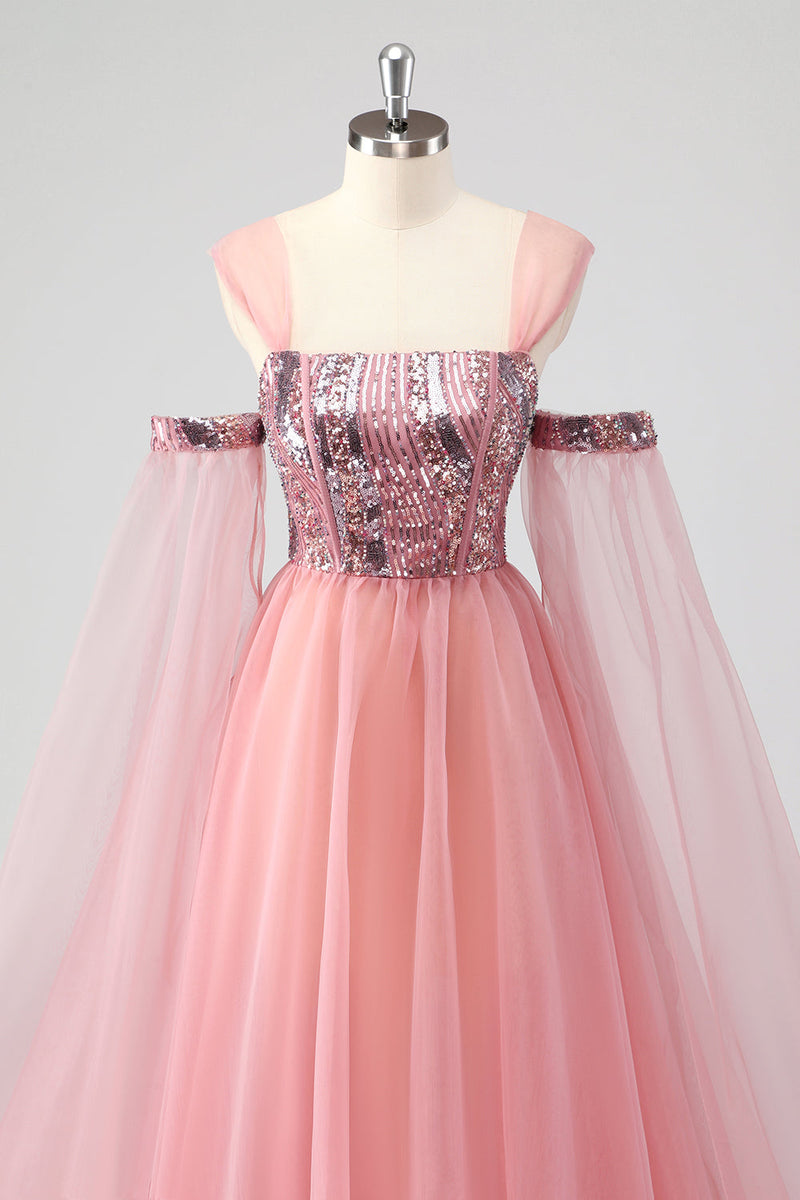 Load image into Gallery viewer, A Line Pink Cape Sleeves Off The Shoulder Sequins Formal Dress