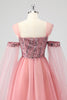 Load image into Gallery viewer, A Line Pink Cape Sleeves Off The Shoulder Sequins Formal Dress