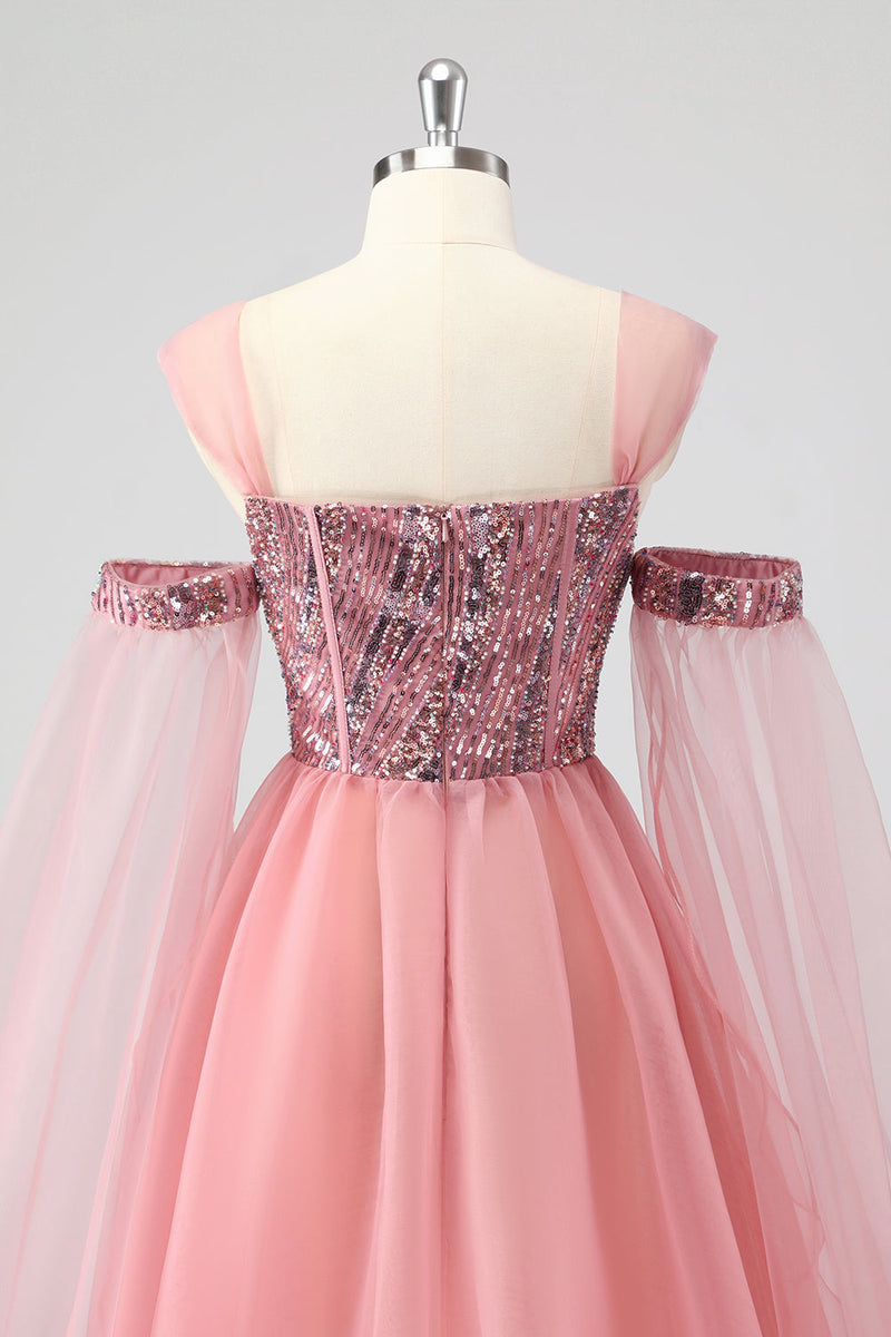 Load image into Gallery viewer, A Line Pink Cape Sleeves Off The Shoulder Sequins Formal Dress