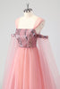 Load image into Gallery viewer, A Line Pink Cape Sleeves Off The Shoulder Sequins Formal Dress