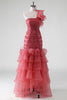 Load image into Gallery viewer, One Shoulder Red Tiered Ruffles Sequins Formal Dress