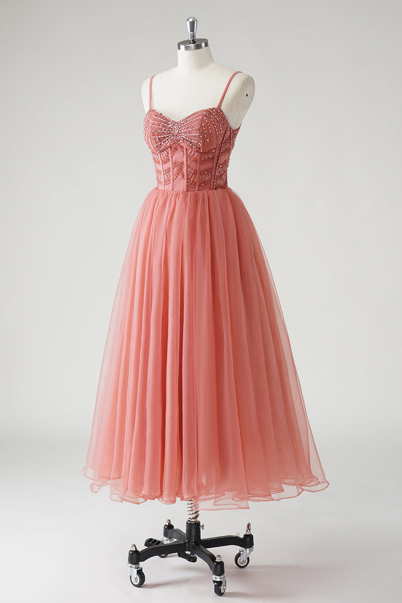 Load image into Gallery viewer, Blush A Line Spaghetti Straps Ruched Sequins Corset Formal Dress