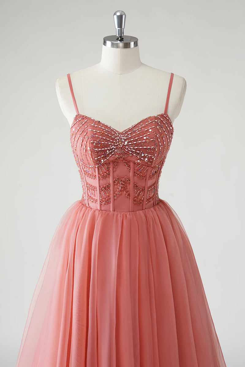 Load image into Gallery viewer, Blush A Line Spaghetti Straps Ruched Sequins Corset Formal Dress