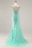 Mermaid Corset Mint Green Sequin Long Prom Dress with Embroidery