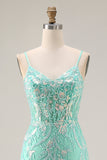 Mermaid Corset Mint Green Sequin Long Prom Dress with Embroidery