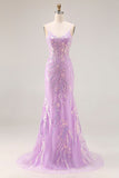 Sparkly Purple Mermaid Corset Sequins Long Prom Dress with Lace Appliques