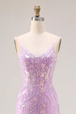 Sparkly Purple Mermaid Corset Sequins Long Prom Dress with Lace Appliques
