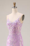 Sparkly Purple Mermaid Corset Sequins Long Prom Dress with Lace Appliques