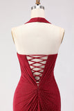 Dark Red Halter Beaded Mermaid Lace Up Back Long Prom Dress with Slit
