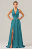 Load image into Gallery viewer, Pink A Line V-Neck Backless Satin Long Bridesmaid Dress with Slit