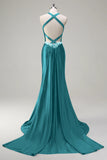 Sparkly Dark Green Mermaid Halter Corset Sequin Prom Dress