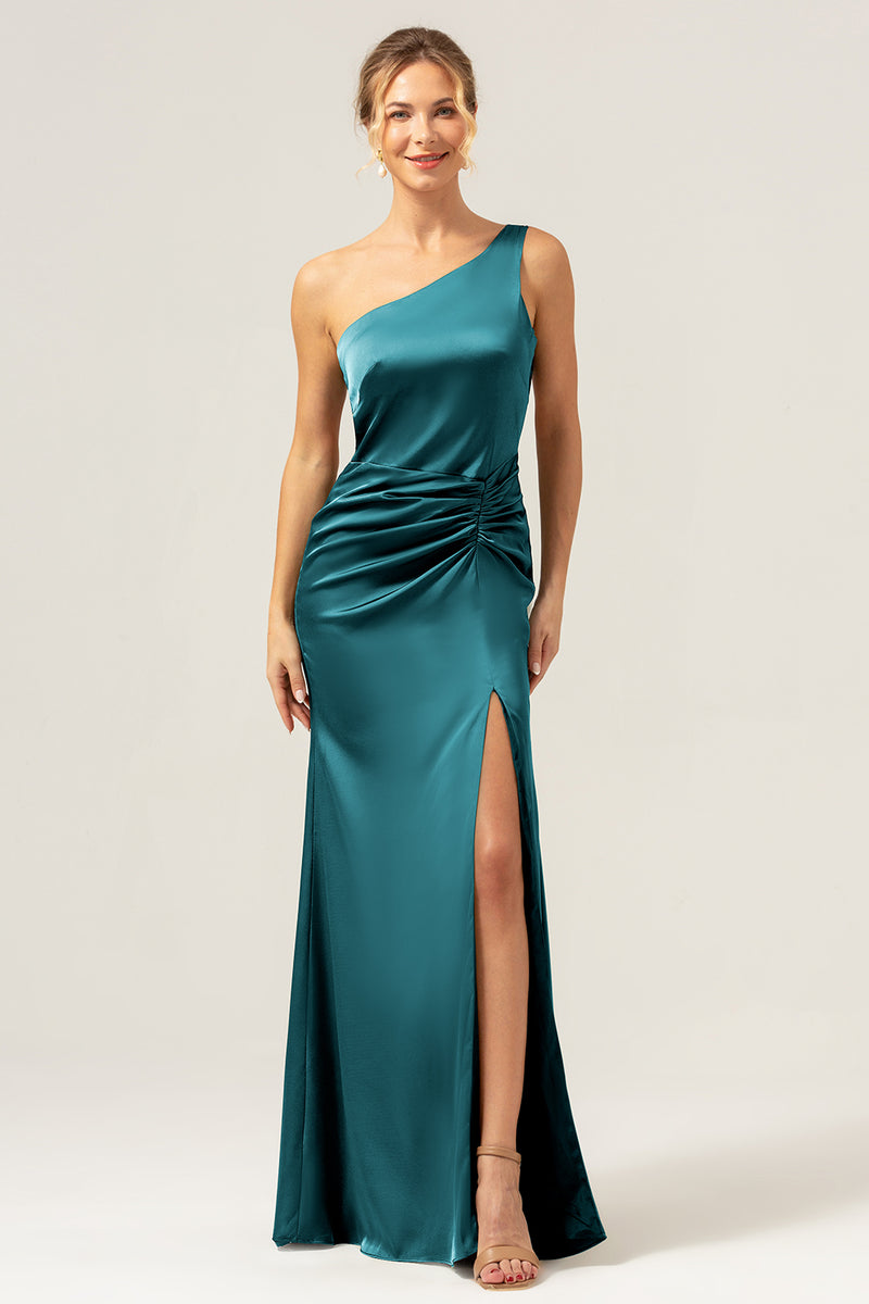 Load image into Gallery viewer, Olive Mermaid One Shoulder Backless Satin Long Bridesmaid Dress