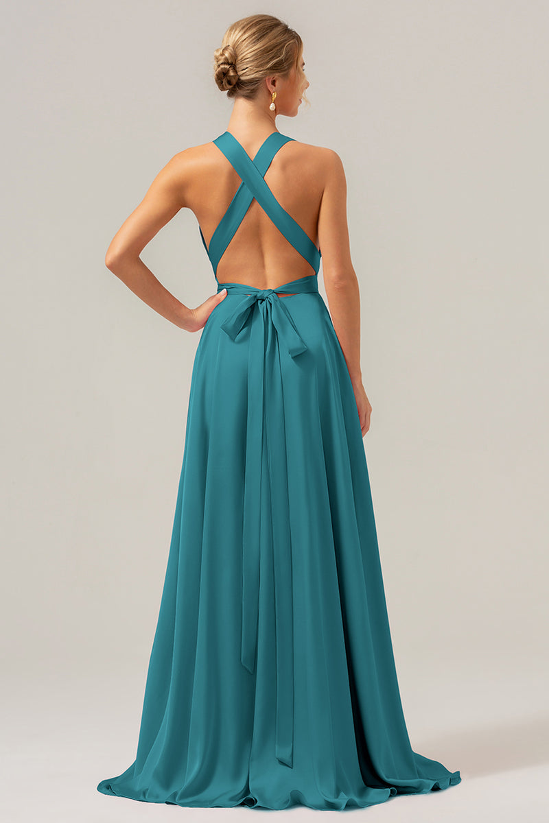 Load image into Gallery viewer, Pink A Line V-Neck Backless Satin Long Bridesmaid Dress with Slit