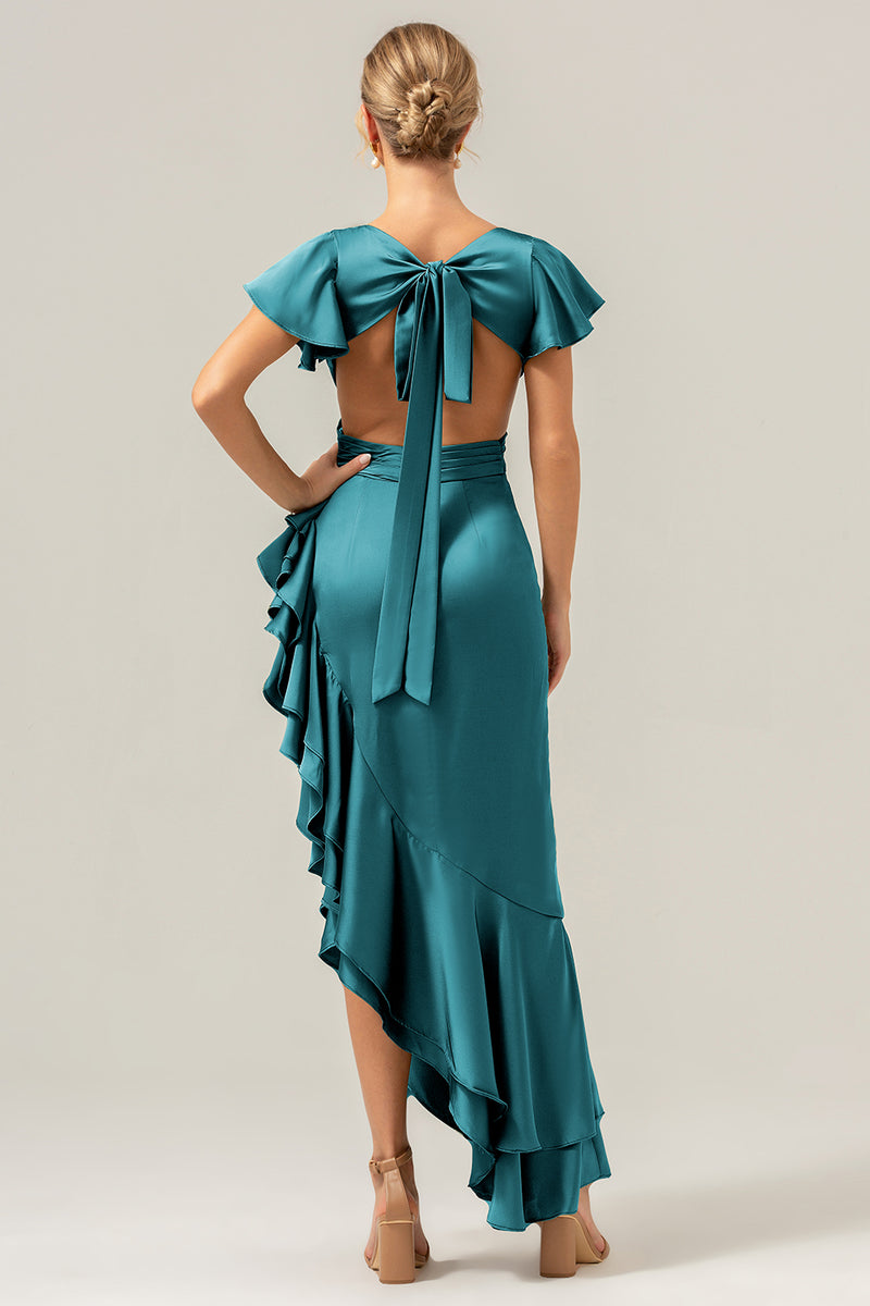 Load image into Gallery viewer, Olive A Line V Neck Satin Asymmetrical Bridesmaid Dress with Ruffle Slit