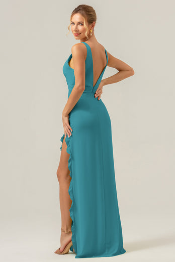 Lime Sheath Deep V Neck Backless Long Bridesmaid Dress with Ruffle Slit