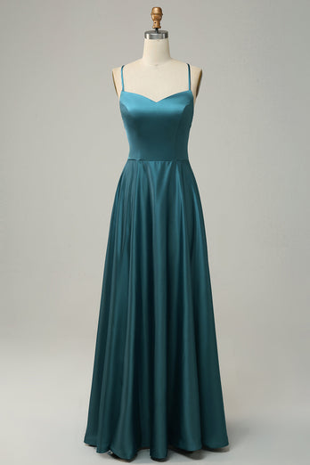 Green A Line Satin Long Simple Prom Dress with Lace-up Back