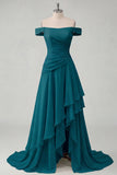 Off the Shoulder Chiffon Butter Yellow A-Line Ruffled Maxi Dress with Slit
