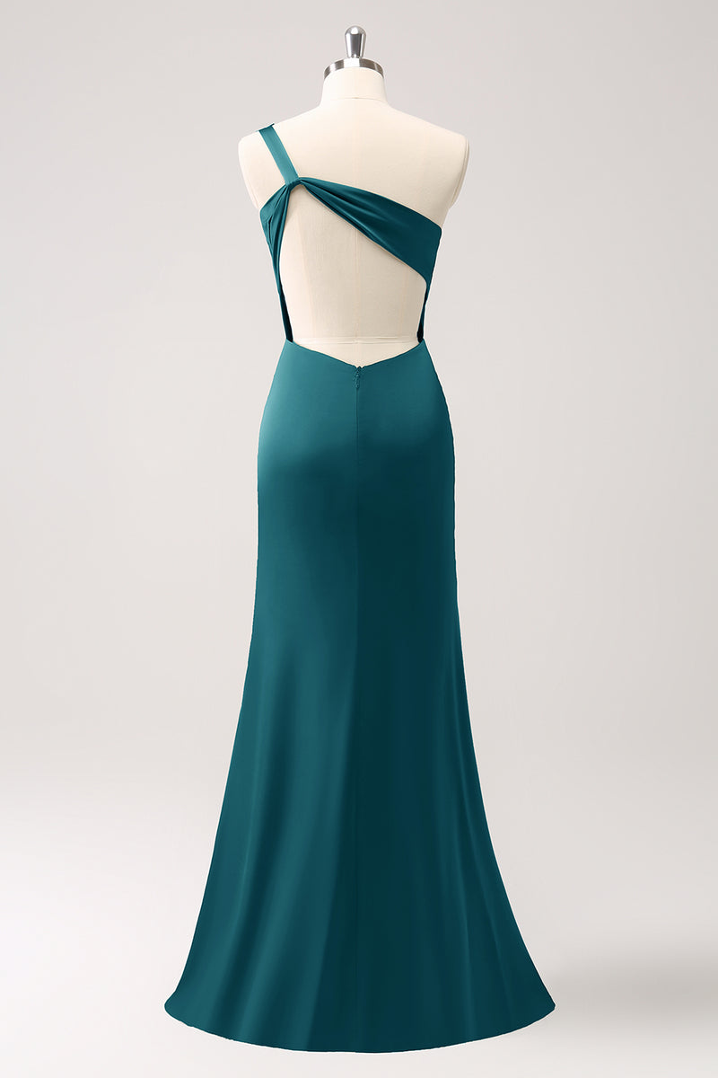 Load image into Gallery viewer, Olive One Shoulder Mermaid Satin Long Bridesmaid Dress