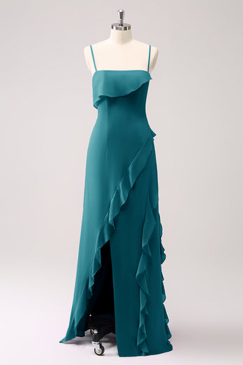 Tahiti Ruffle Spaghetti Straps Chiffon Long Bridesmaid Dress with Slit