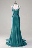 Sparkly Dark Green Mermaid Halter Corset Sequin Prom Dress