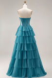 Blue Strapless Corset A-Line Tiered Ruffled Long Prom Dress with Slit