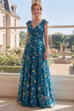 Green A-Line Embroidered V-Neck Long Mother Of the Bride Dress