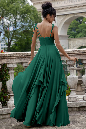 Eucalyptus A Line Spaghetti Straps Long Bridesmaid Dress with Ruffles