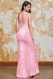 Sparkly Mermaid One Shoulder Hot Pink Sequins Long Prom Dress with Slit