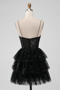 Sparkly Black Spaghetti Straps Tiered Homecoming Dress with Sequins