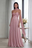 Strapless A Line Pleated Sky Blue Long Evening Dress with a Neck Scarf