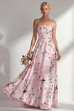 Floral Blue A-Line Strapless Printed Long Bridesmaid Dress