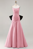 Strapless Fuchsia A-Line Convertible Satin Long Prom Dress with Large Bow