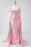 Dark Green Mermaid Off The Shoulder Satin Long Prom Dress with Long Sleeve