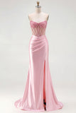 Red Strapless Mermaid Corset Beaded Ruched Satin Long Prom Dress with Slit