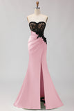 Strapless Mermaid Green Appliqued Lace Long Prom Dress with Slit
