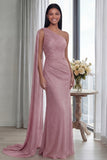Navy One Shoulder Sheath Ruched Long Evening Dress with Side Cape