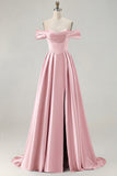 Blue A-Line Off The Shoulder Satin Long Bridesmaid Dress with Slit